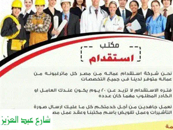 توظيف عمالة مصرية ماهرة - مجاناً! (مهندسون،...